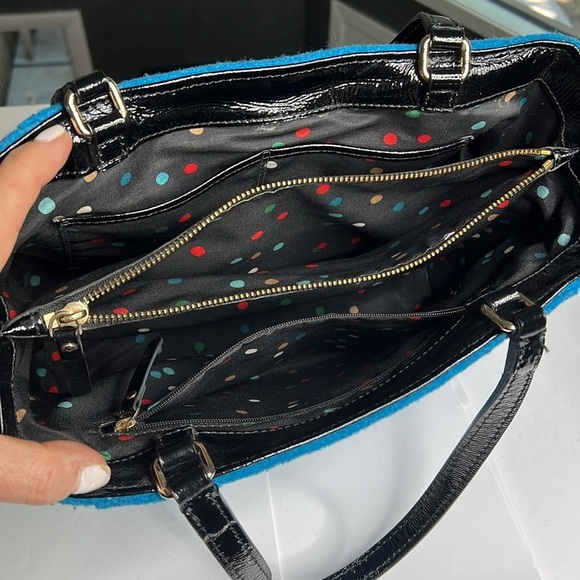 Kate Spade Teal Wool and Black Patent Leather Structured Tote Bag - Picture 10 of 11